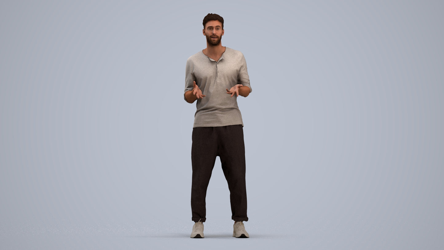 3D human model man casual standing, photogrammetry scanned person for archviz, standing pose render
