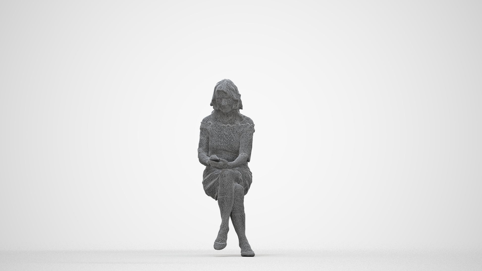 realistic 3D senior woman casual sitting, scanned archviz people for Blender and 3ds Max, wireframe back view