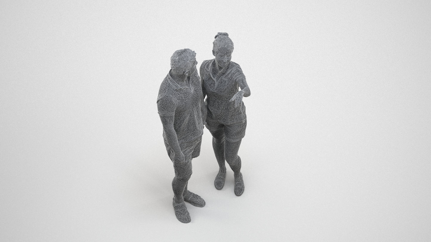 scanned 3D woman casual couple, photogrammetry people for Enscape and V-Ray, wireframe three-quarter view