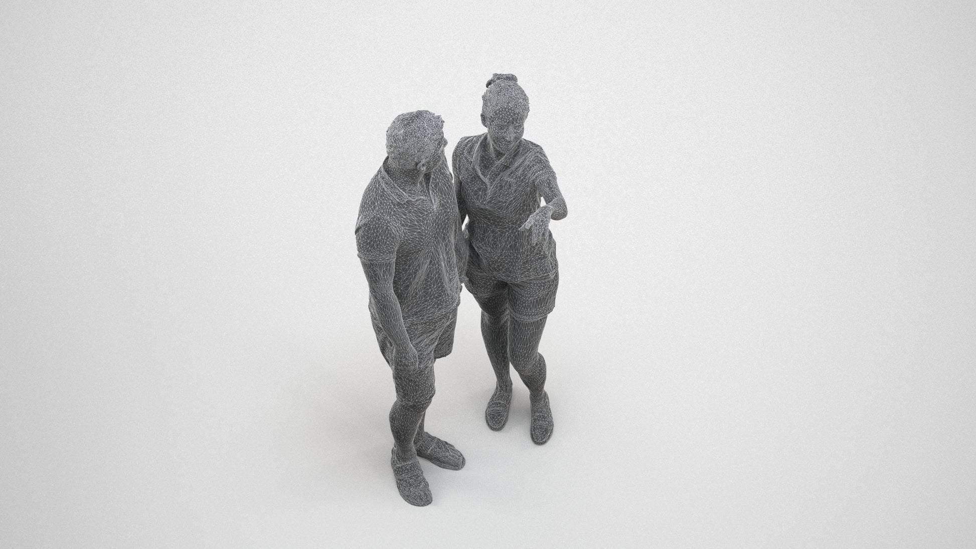 scanned 3D woman casual couple, photogrammetry people for Enscape and V-Ray, wireframe three-quarter view
