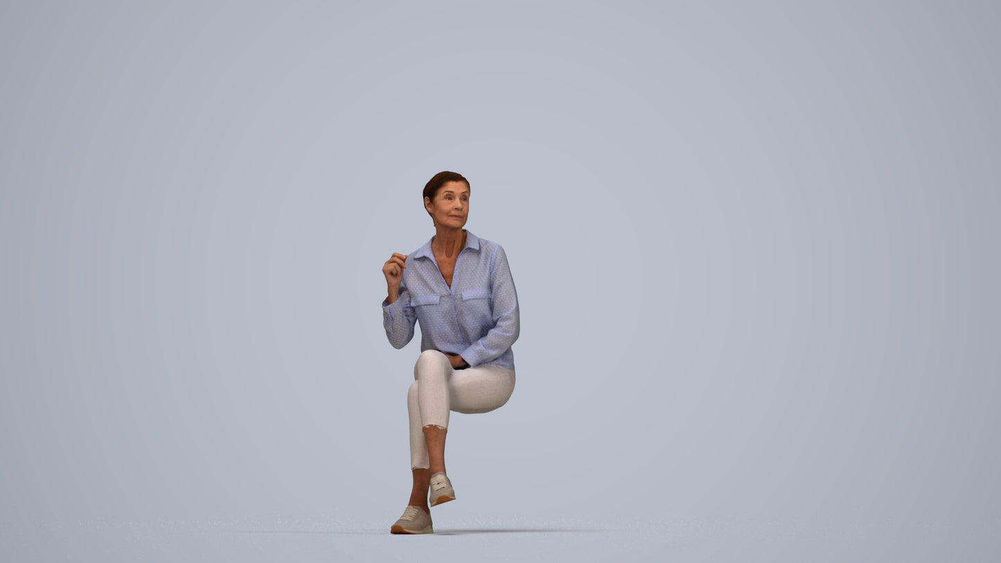 realistic 3D human senior woman casual sitting, archviz people FBX OBJ for Blender, top-down view render