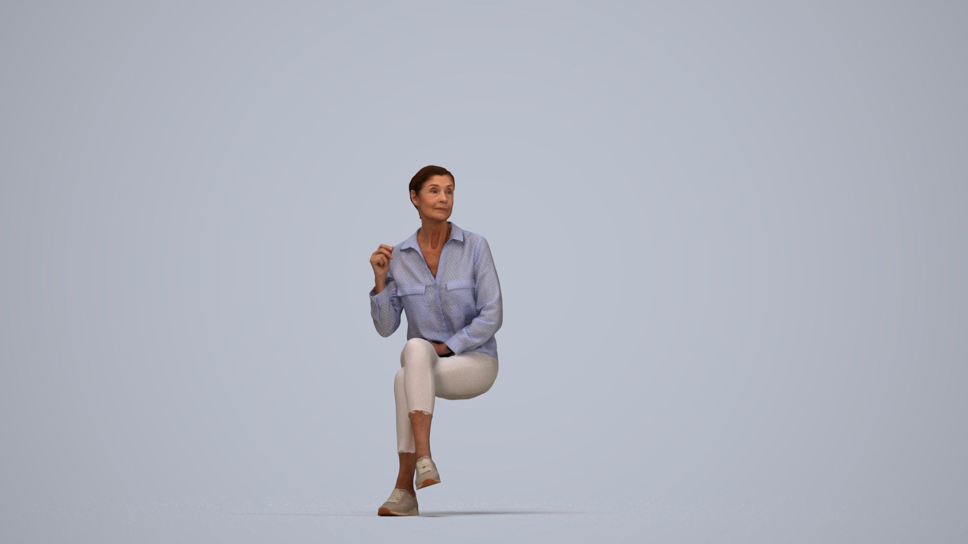 realistic 3D human senior woman casual sitting, archviz people FBX OBJ for Blender, top-down view render