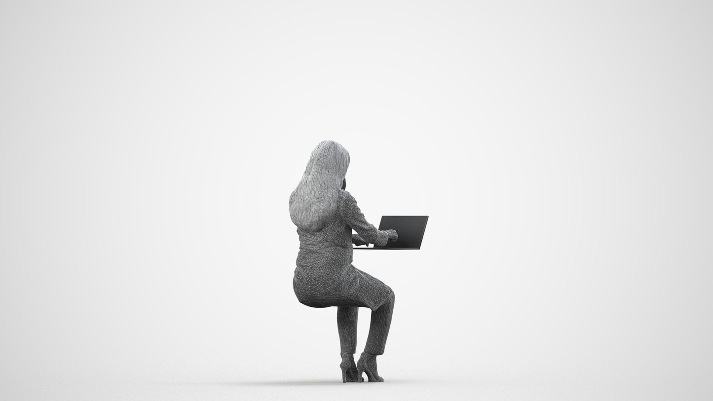 scanned 3D woman business sitting, photogrammetry people for Enscape and V-Ray, wireframe side view