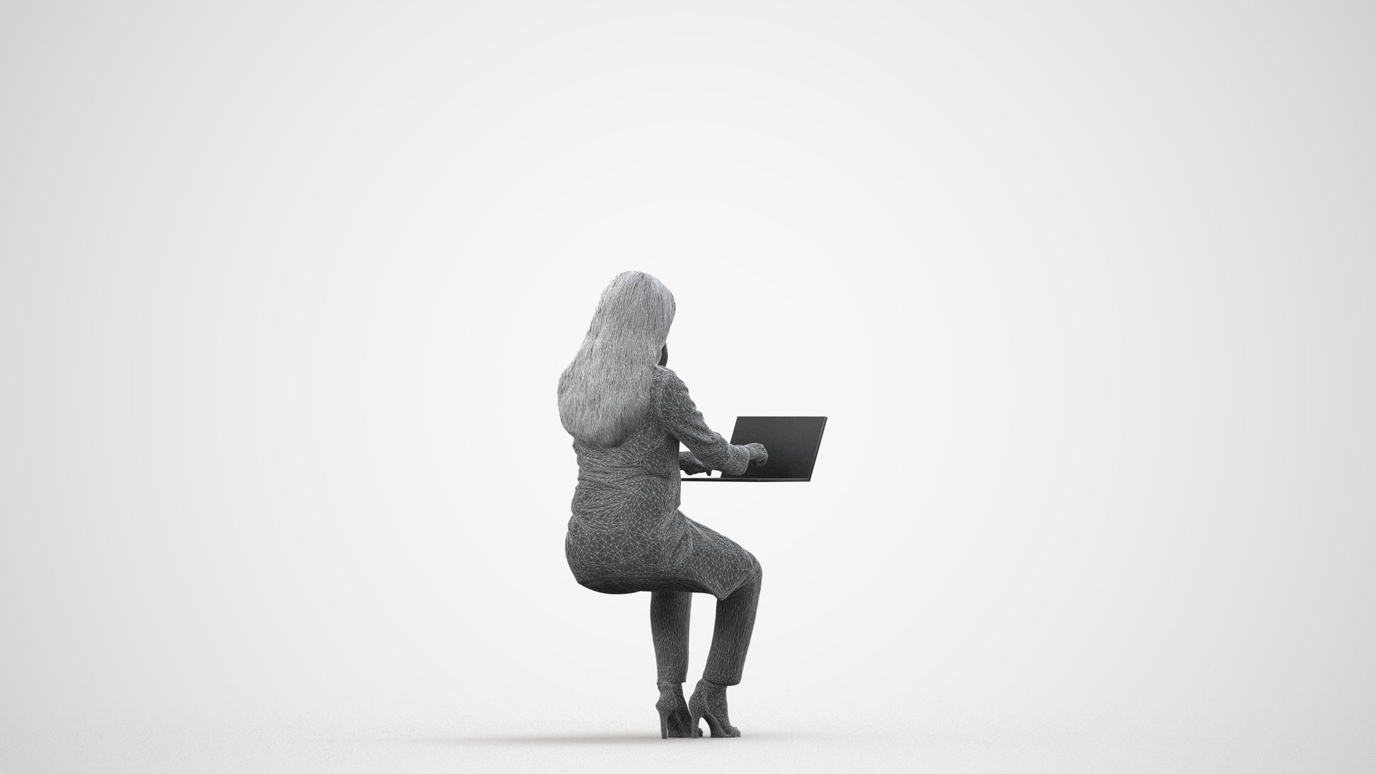 scanned 3D woman business sitting, photogrammetry people for Enscape and V-Ray, wireframe side view