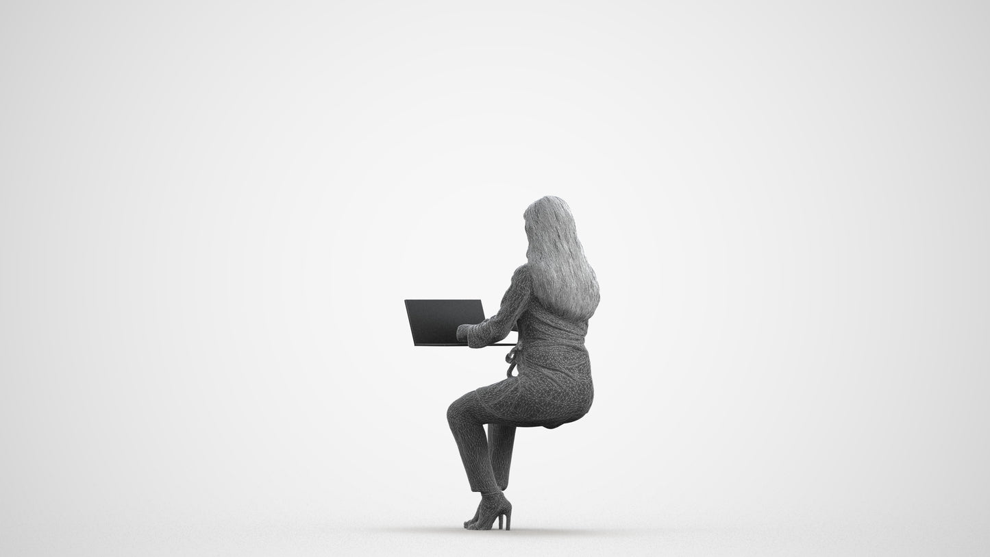 scanned 3D woman business sitting, photogrammetry people for Enscape and V-Ray, wireframe front view