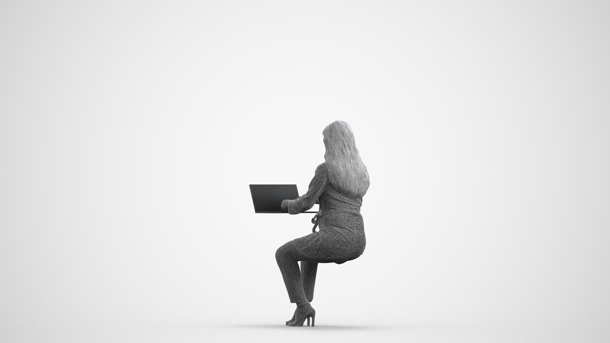 scanned 3D woman business sitting, photogrammetry people for Enscape and V-Ray, wireframe front view