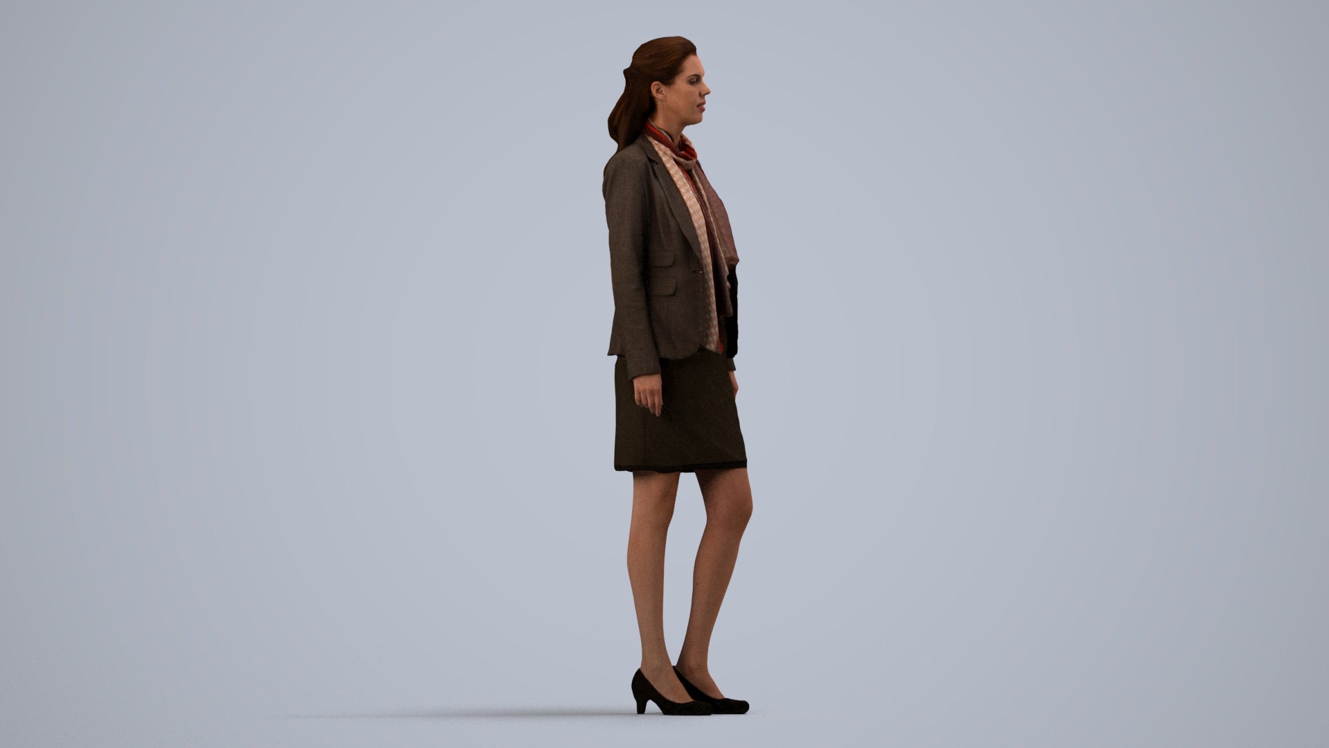 realistic 3D human woman business, archviz people FBX OBJ for Blender, side view render