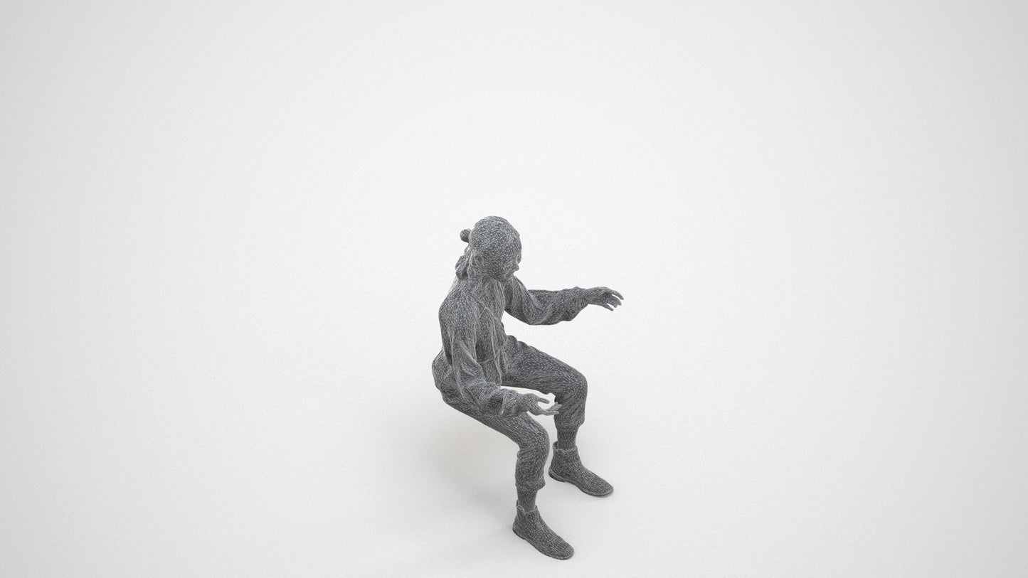 3D scanned woman sitting casual, photorealistic archviz people for Enscape and SketchUp, wireframe three-quarter view