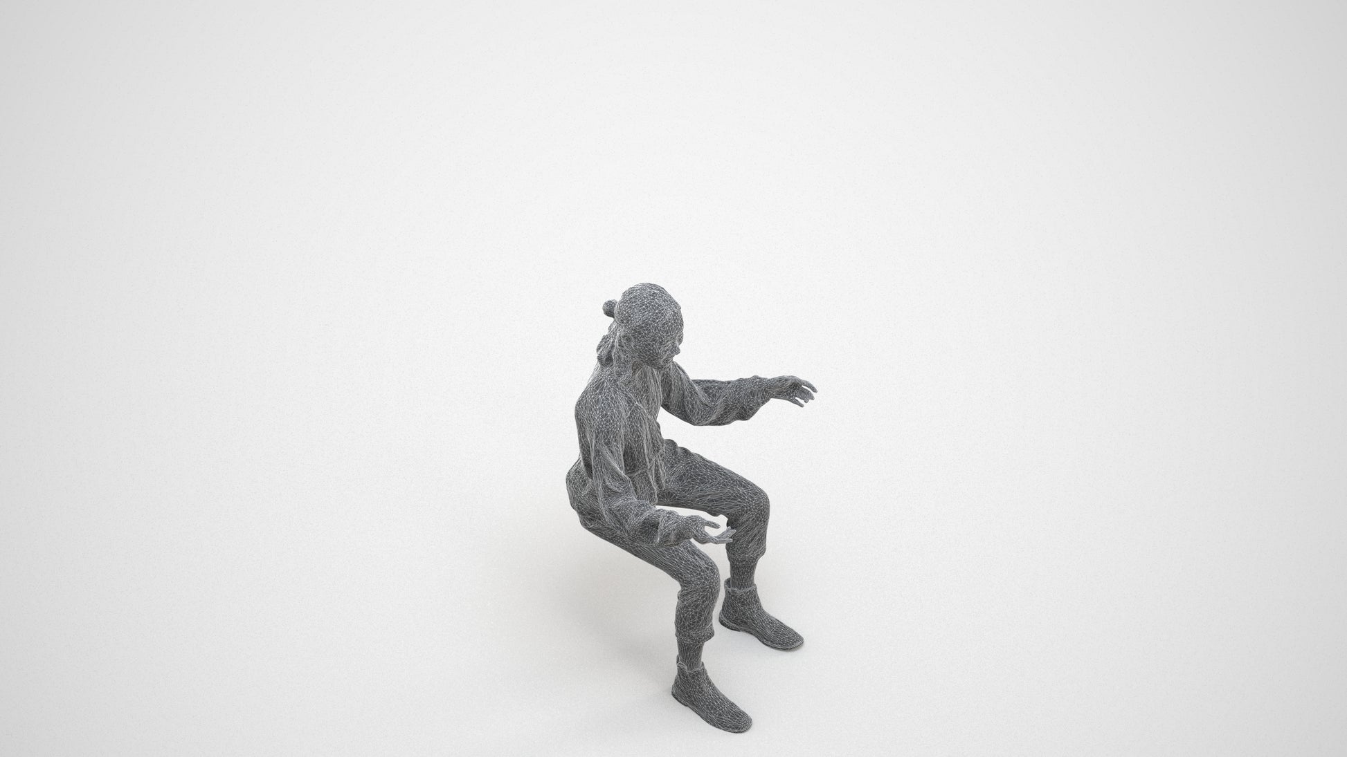 3D scanned woman sitting casual, photorealistic archviz people for Enscape and SketchUp, wireframe three-quarter view