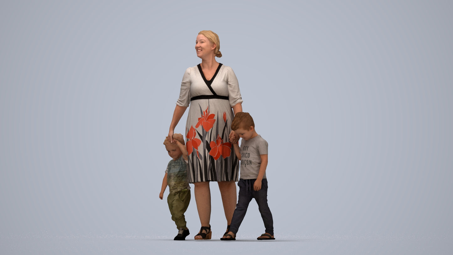 3D human model girl casual kids, photogrammetry scanned person for archviz, top-down view render
