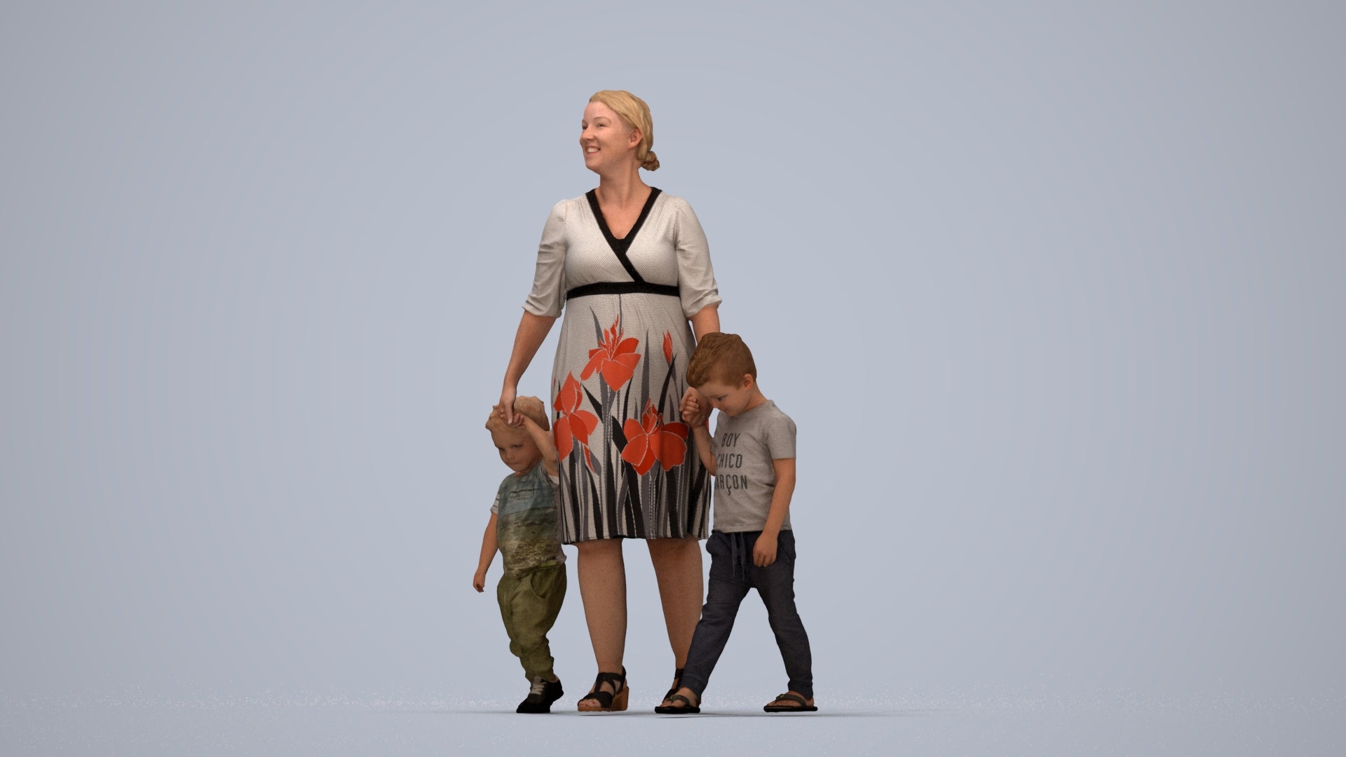 3D human model girl casual kids, photogrammetry scanned person for archviz, top-down view render