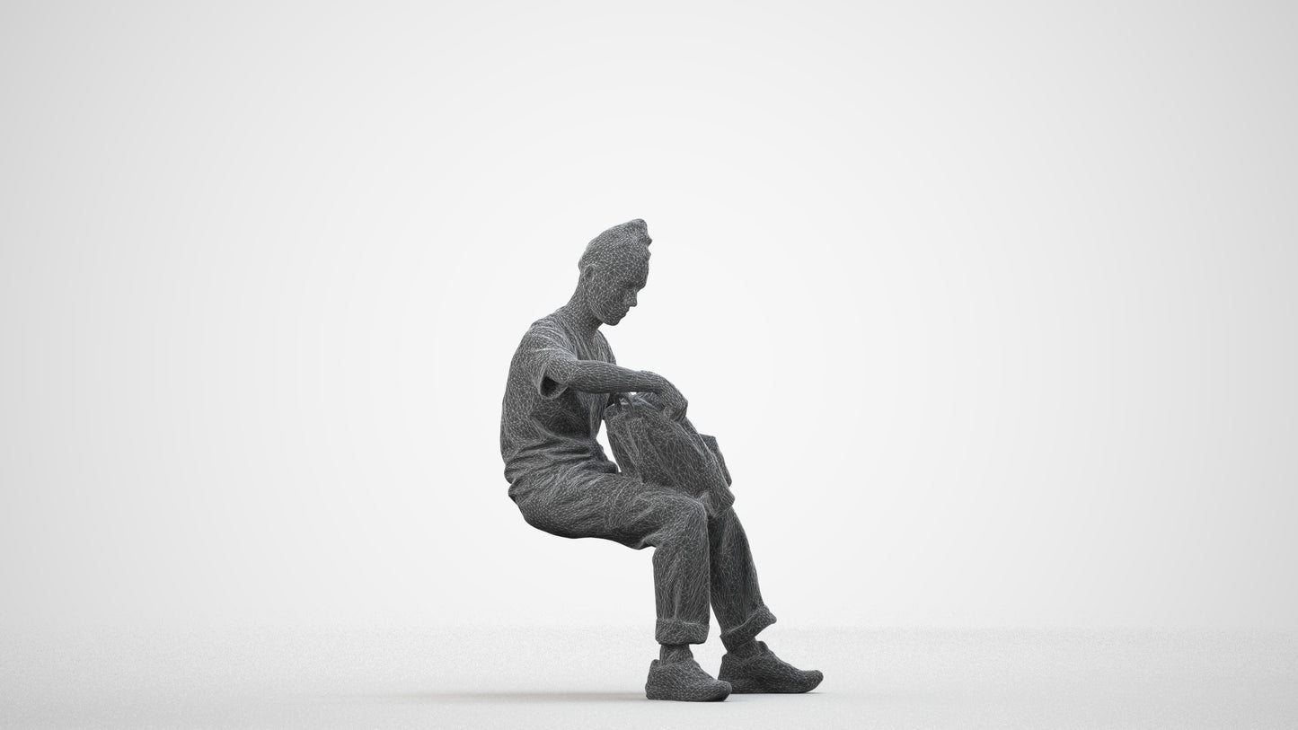 3D human model man casual sitting, photogrammetry scanned person for archviz, wireframe side view