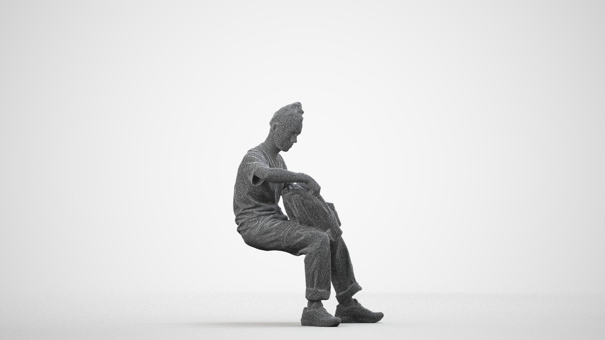 3D human model man casual sitting, photogrammetry scanned person for archviz, wireframe side view