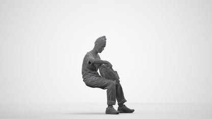 3D human model man casual sitting, photogrammetry scanned person for archviz, wireframe side view