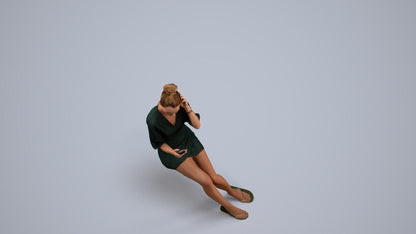 3D human model woman casual sitting, photogrammetry scanned person for archviz, back view render