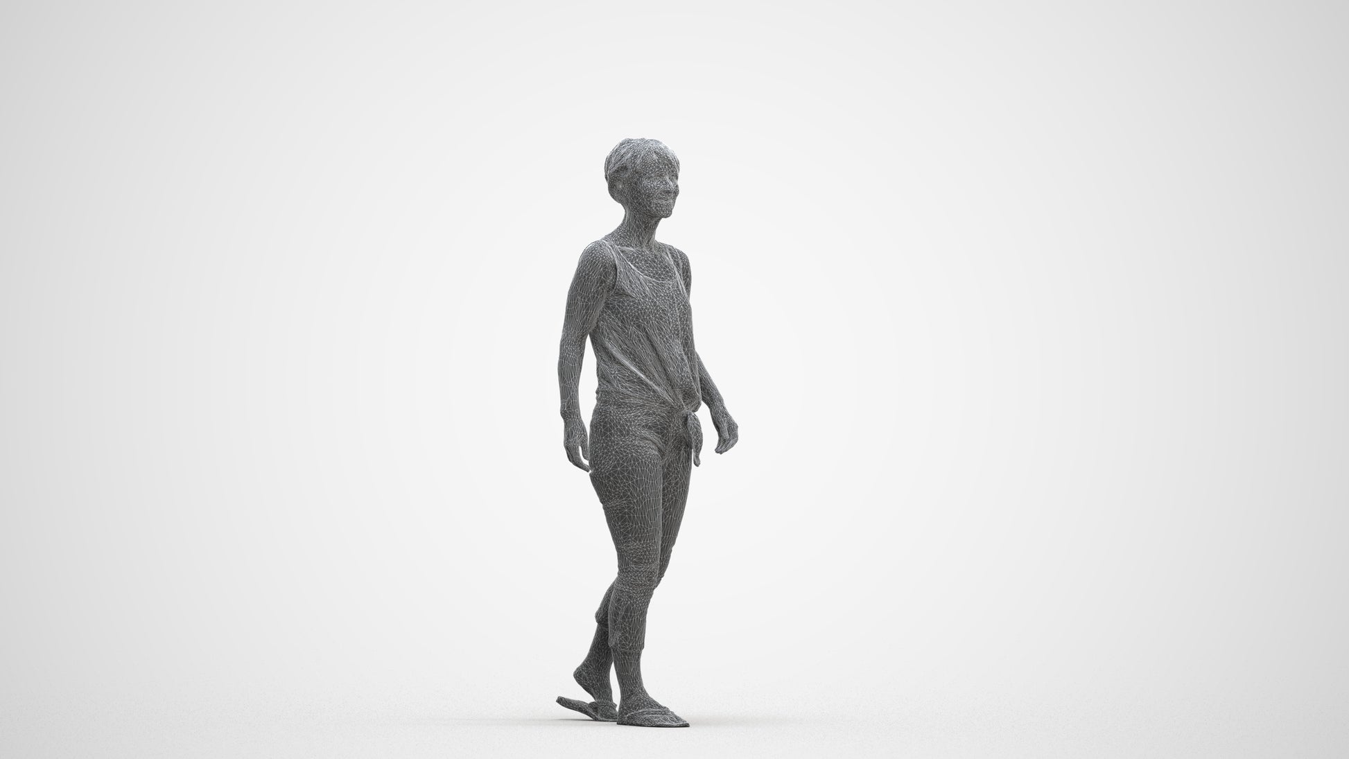 3D human model senior woman walking, photogrammetry scanned person for archviz, three-quarter front view render