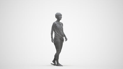 3D human model senior woman walking, photogrammetry scanned person for archviz, three-quarter front view render