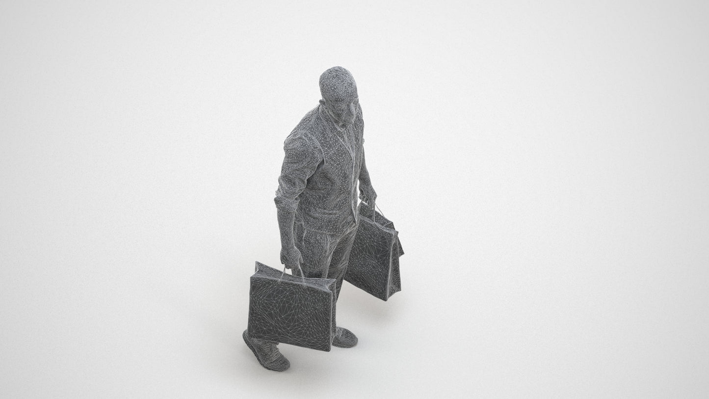 3D human model man casual shopping, photogrammetry scanned person for archviz, wireframe three-quarter view