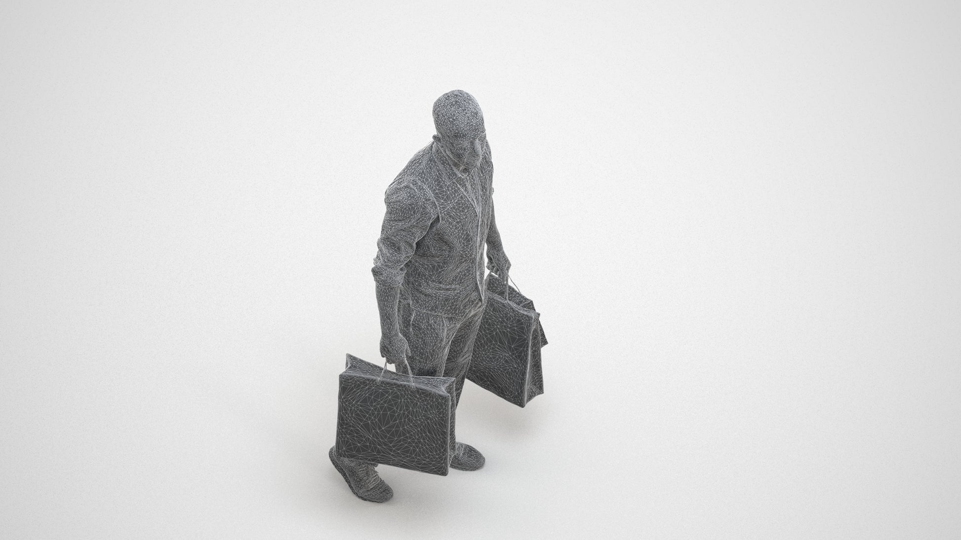 3D human model man casual shopping, photogrammetry scanned person for archviz, wireframe three-quarter view