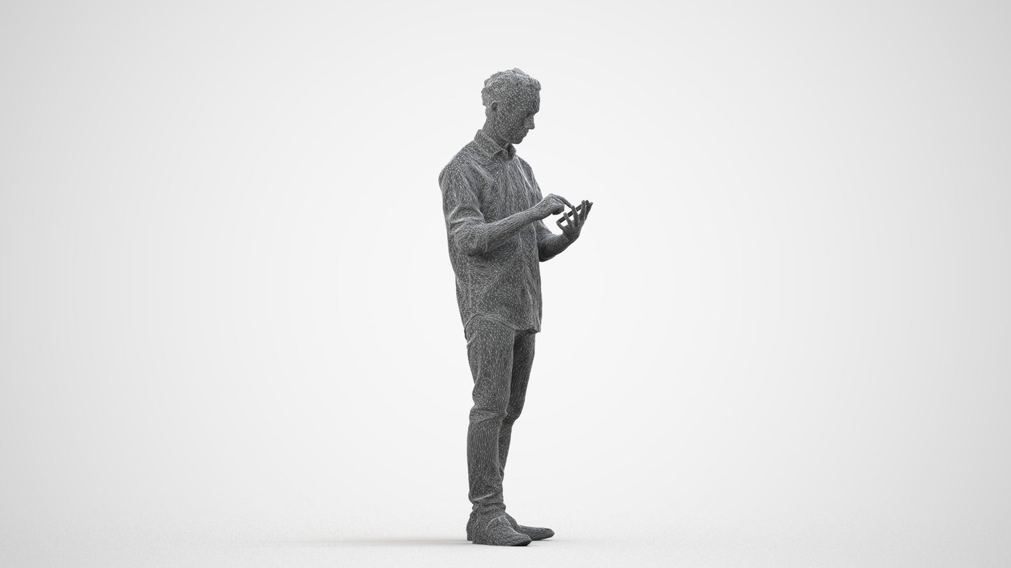 scanned 3D man casual standing, photogrammetry people for Enscape and V-Ray, wireframe side view
