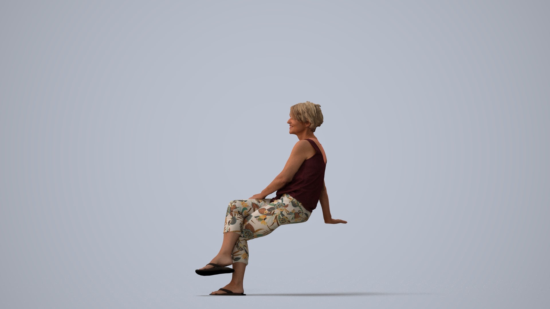 3D human model senior woman sitting, photogrammetry scanned person for archviz, three-quarter view render