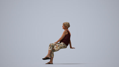 3D human model senior woman sitting, photogrammetry scanned person for archviz, three-quarter view render