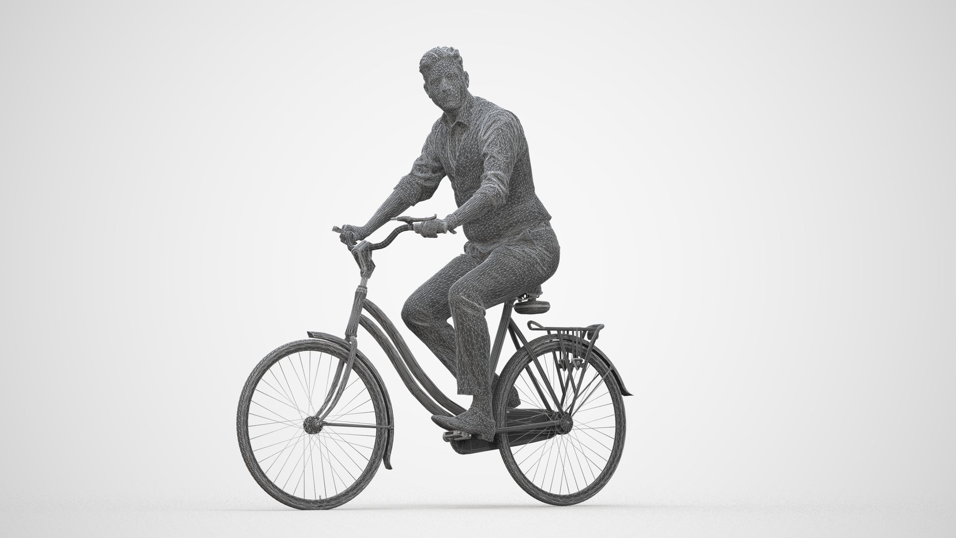 realistic 3D man business cycling, scanned archviz people for Blender and 3ds Max, wireframe back view