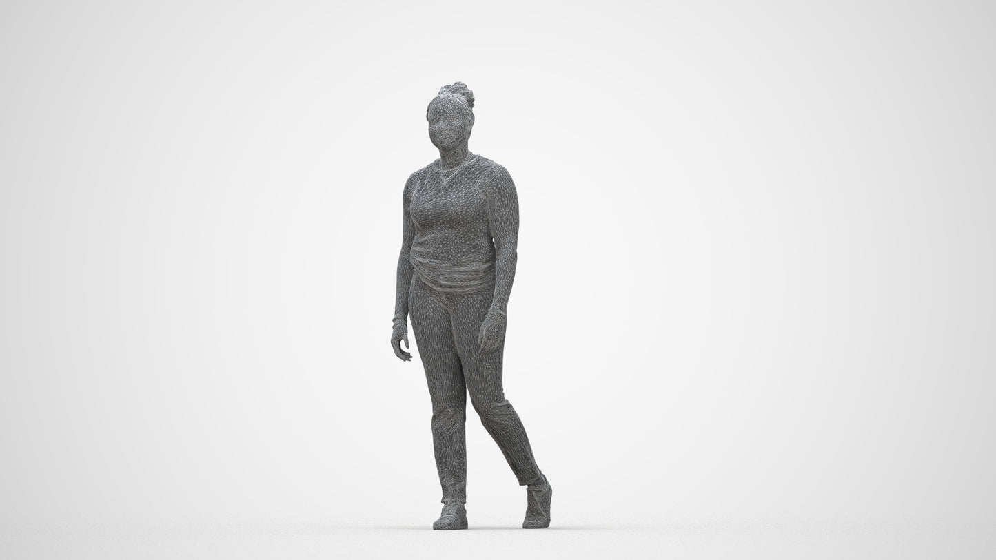 3D scanned woman walking casual, photorealistic archviz people for Enscape and SketchUp, wireframe back view