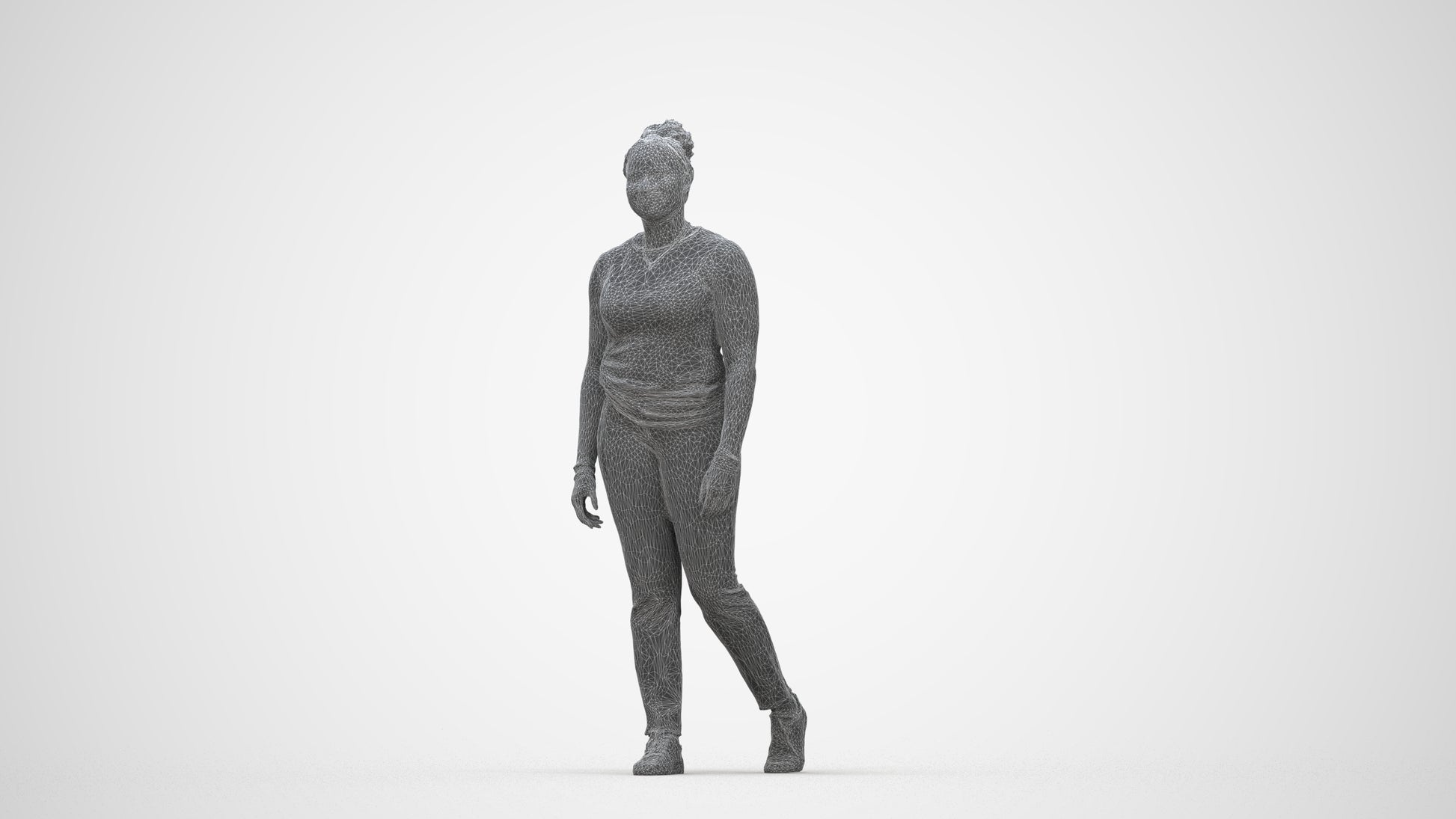 3D scanned woman walking casual, photorealistic archviz people for Enscape and SketchUp, wireframe back view