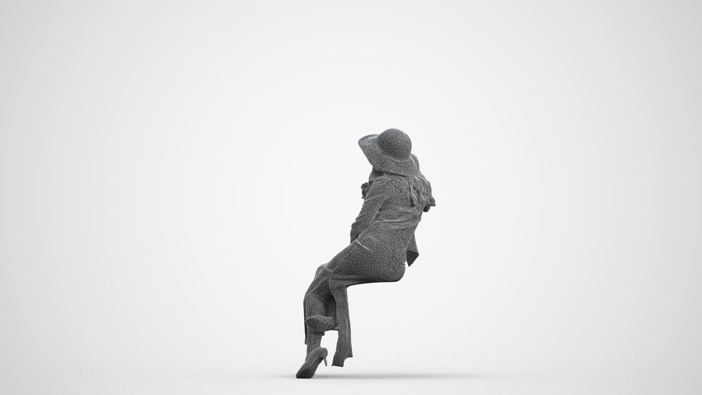 realistic 3D woman casual sitting, scanned archviz people for Blender and 3ds Max, wireframe front view