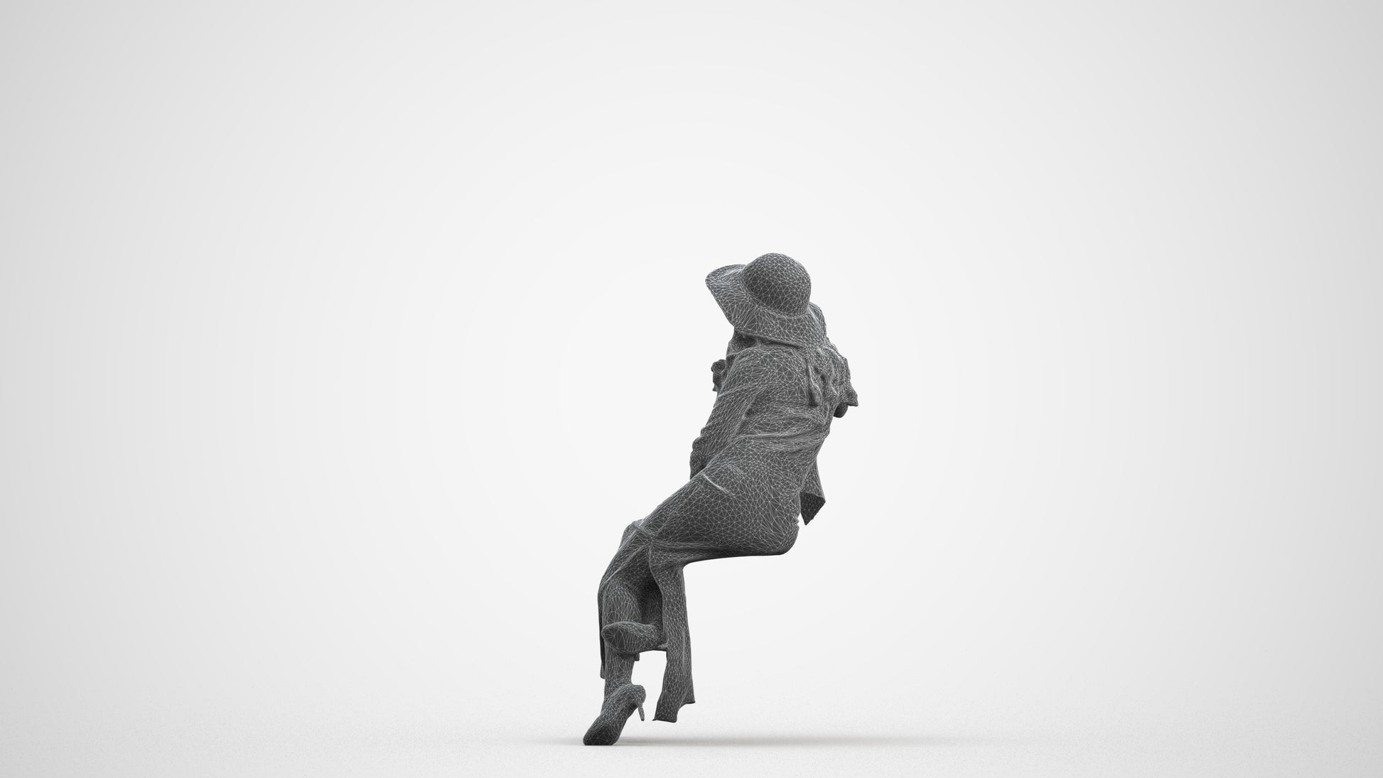 realistic 3D woman casual sitting, scanned archviz people for Blender and 3ds Max, wireframe front view