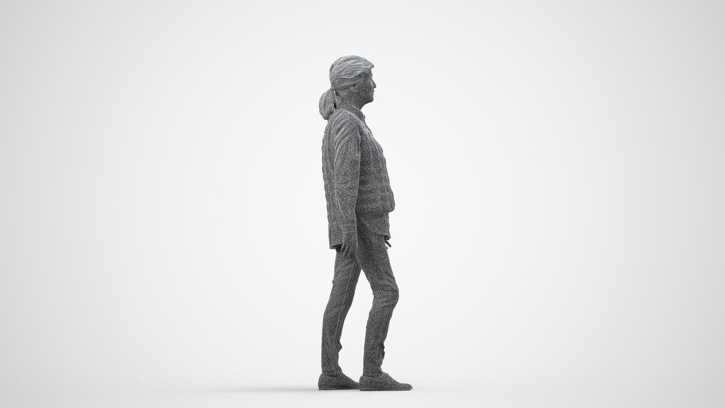 realistic 3D senior woman casual walking, scanned archviz people for Blender and 3ds Max, wireframe side view