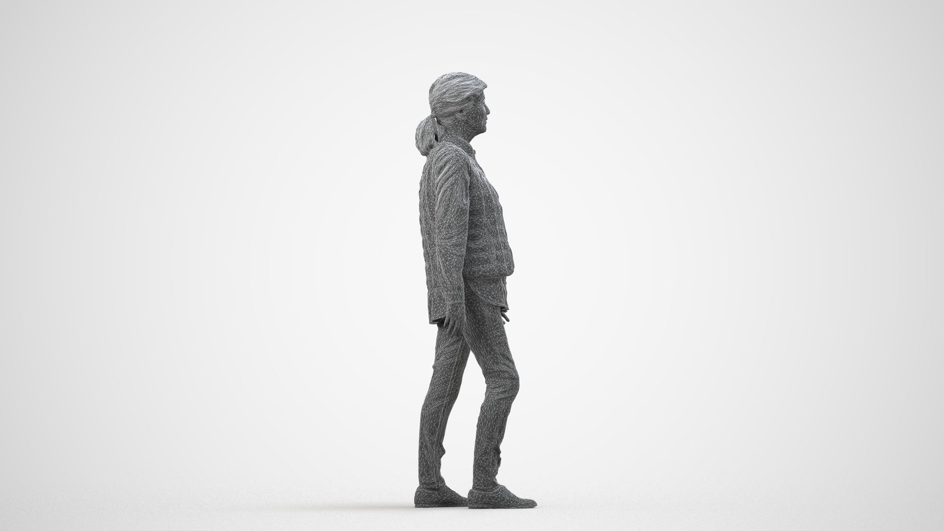 realistic 3D senior woman casual walking, scanned archviz people for Blender and 3ds Max, wireframe side view