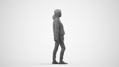 realistic 3D senior woman casual walking, scanned archviz people for Blender and 3ds Max, wireframe side view