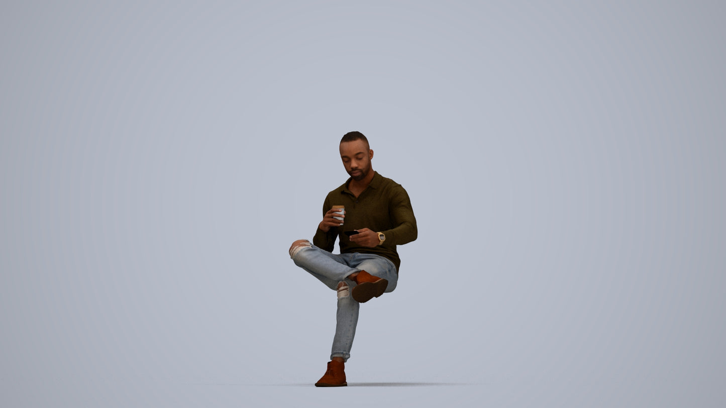 realistic 3D man casual sitting, scanned archviz people for Blender and 3ds Max, top-down view render