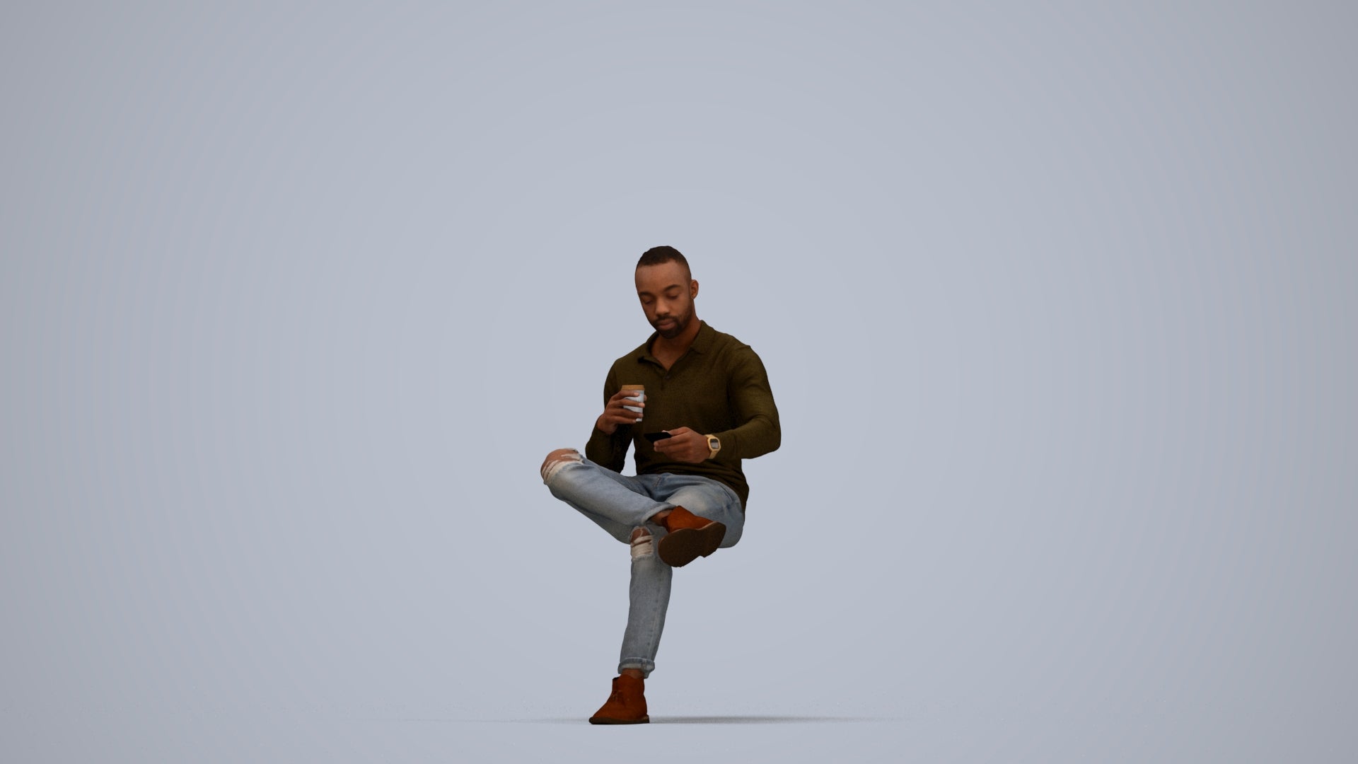 realistic 3D man casual sitting, scanned archviz people for Blender and 3ds Max, top-down view render