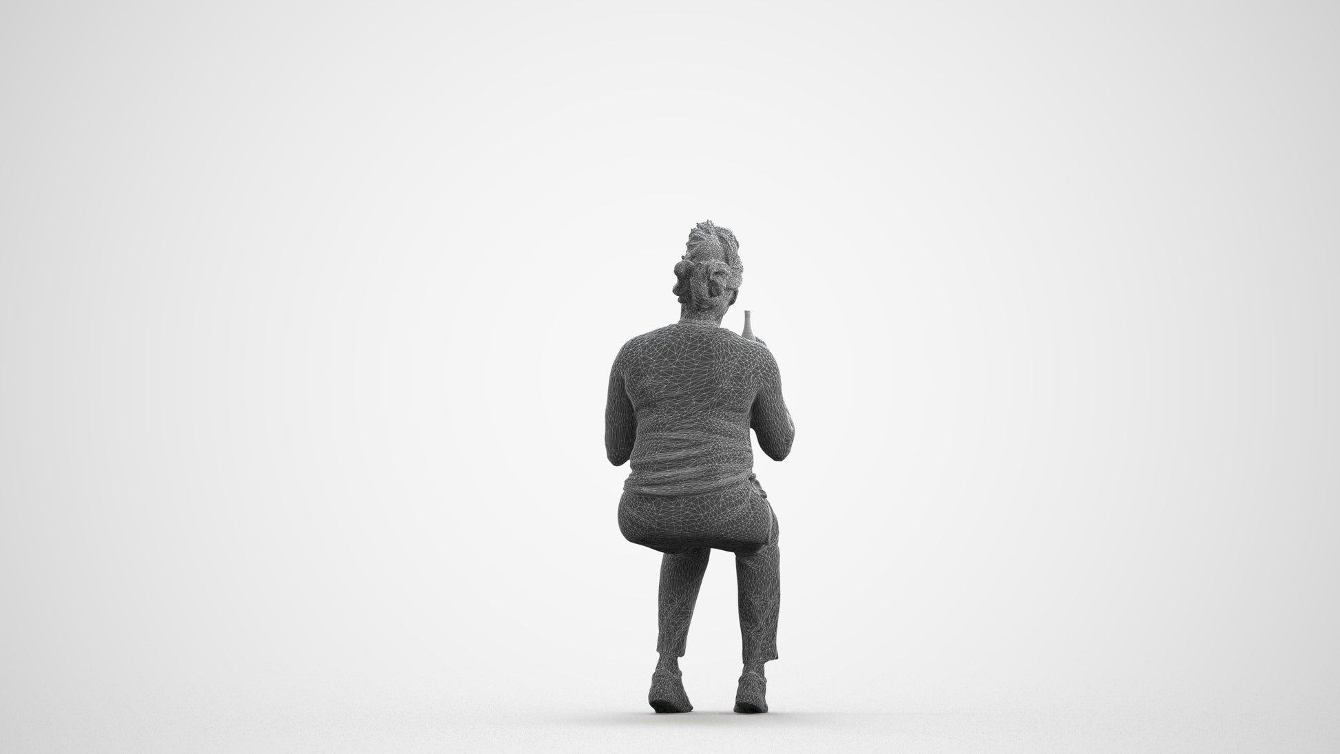 photogrammetry 3D woman casual sitting, realistic human model archviz FBX, wireframe front view