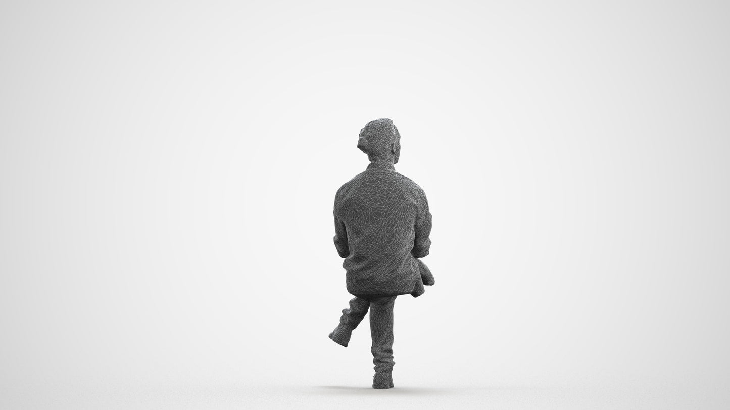 3D scanned man sitting casual, photorealistic archviz people for Enscape and SketchUp, wireframe front view