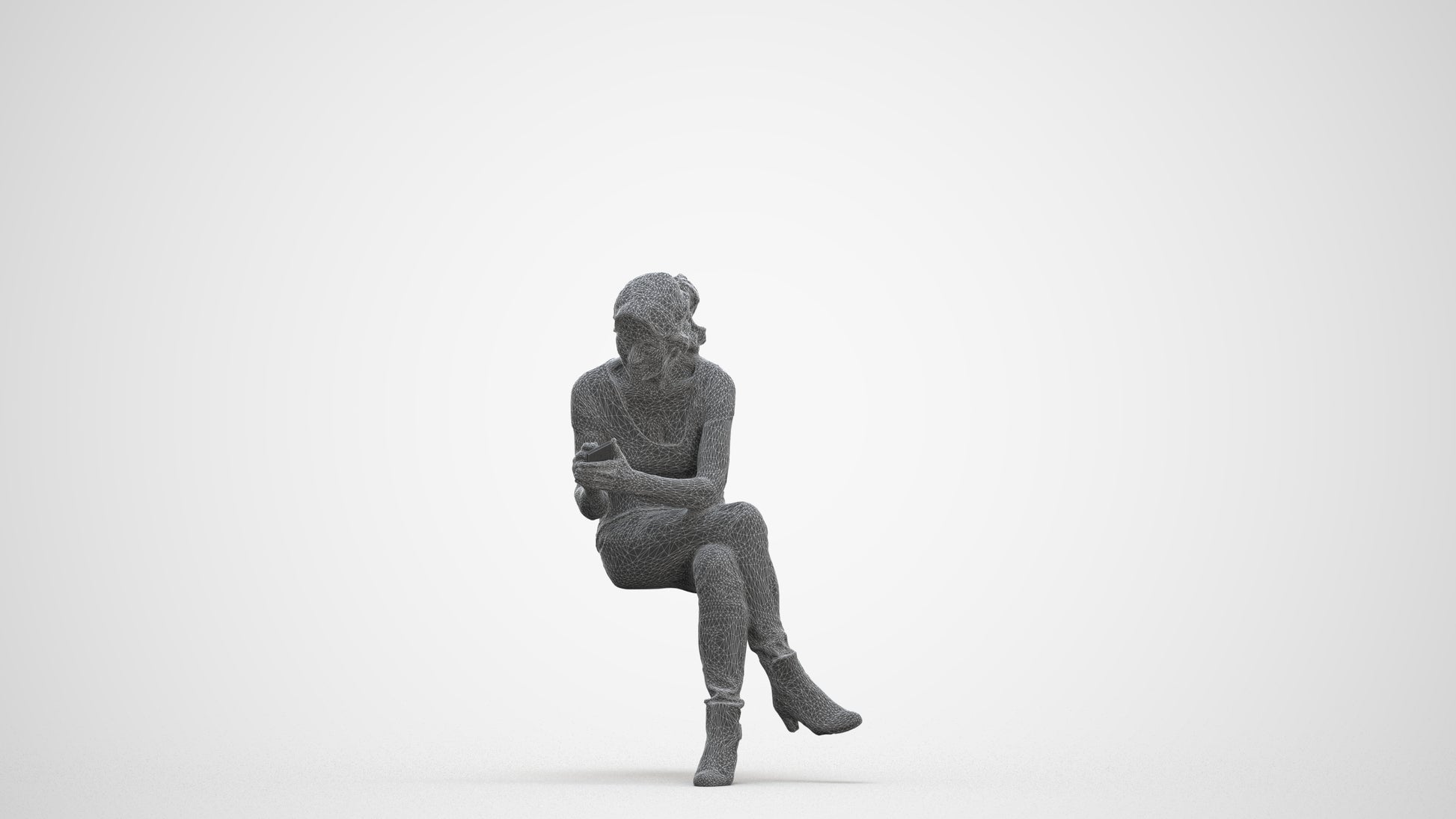 realistic 3D human senior woman casual sitting, archviz people FBX OBJ for Blender, three-quarter front view render