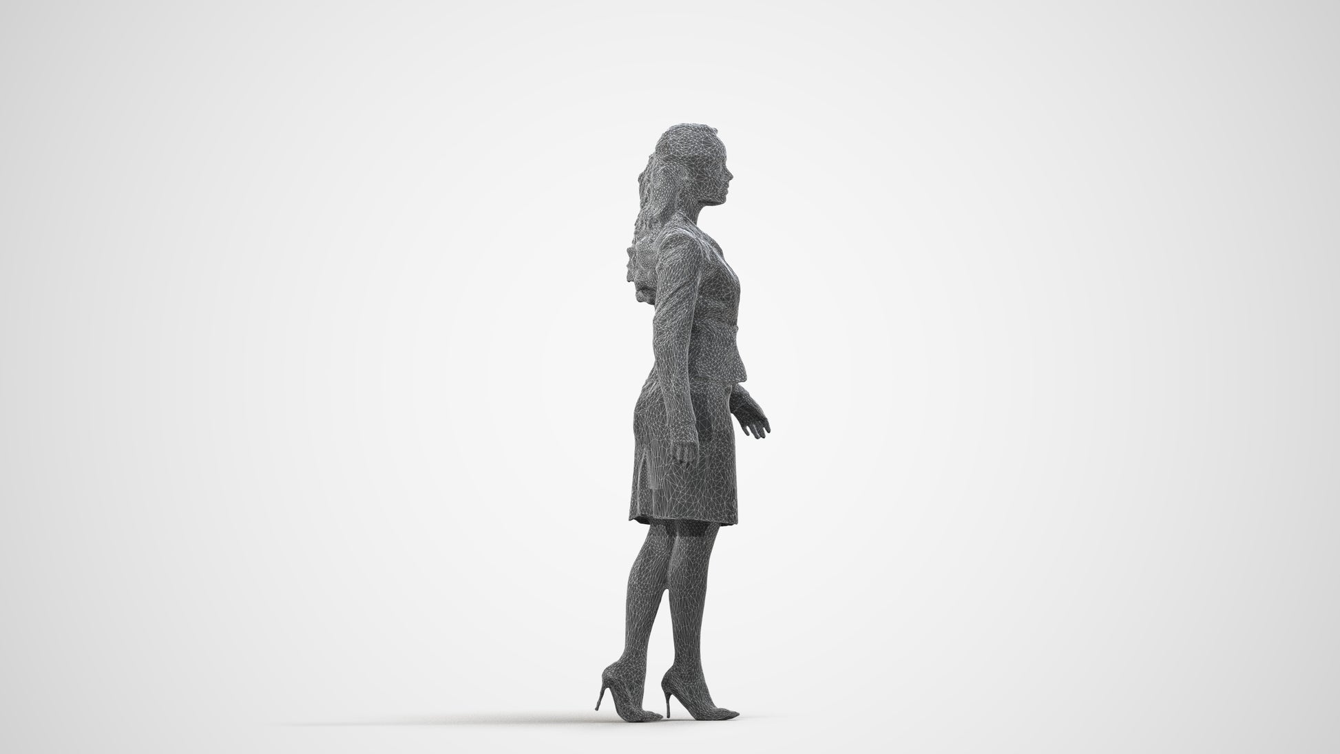 realistic 3D human woman business, archviz people FBX OBJ for Blender, wireframe side view