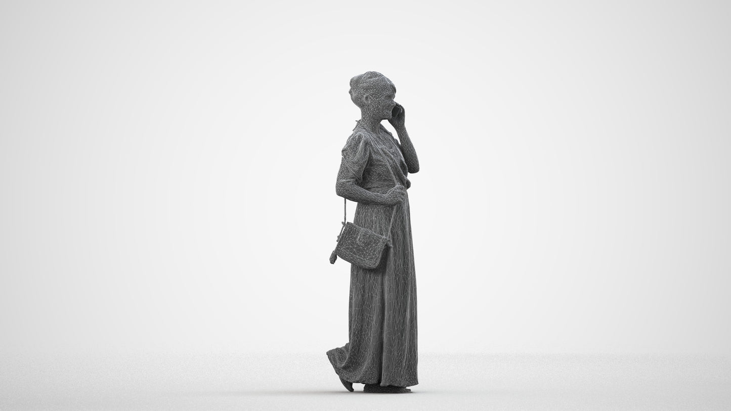 3D scanned woman standing casual, photorealistic archviz people for Enscape and SketchUp, wireframe side view
