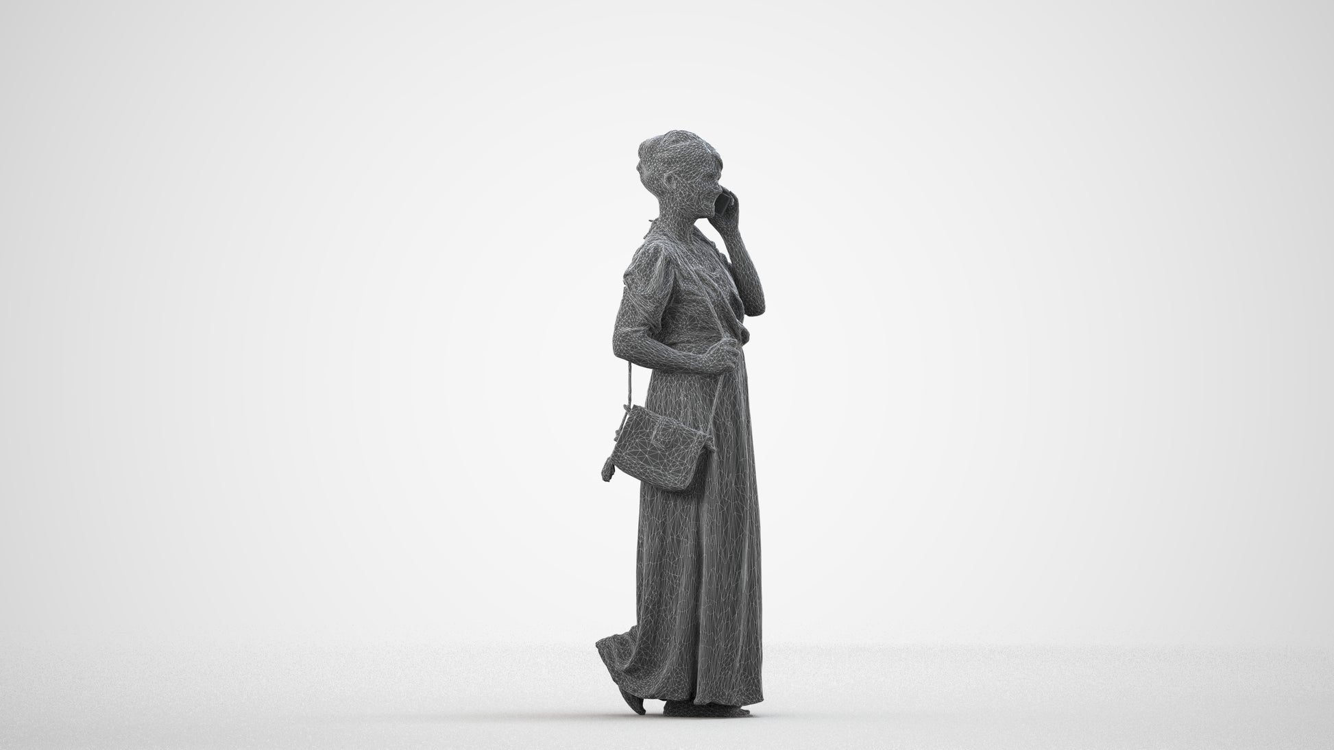 3D scanned woman standing casual, photorealistic archviz people for Enscape and SketchUp, wireframe side view