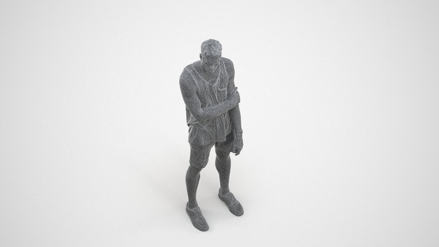 3D human model man casual standing, photogrammetry scanned person for archviz, wireframe three-quarter view