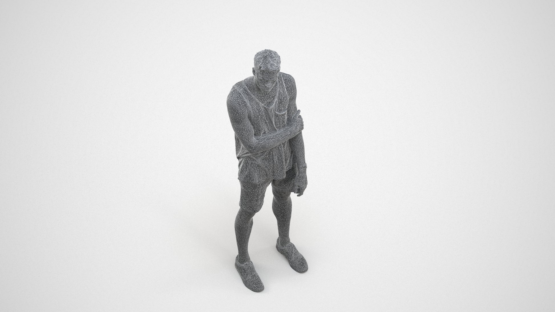 3D human model man casual standing, photogrammetry scanned person for archviz, wireframe three-quarter view