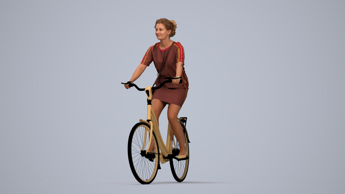 realistic 3D woman casual cycling, scanned archviz people for Blender and 3ds Max, top-down view render