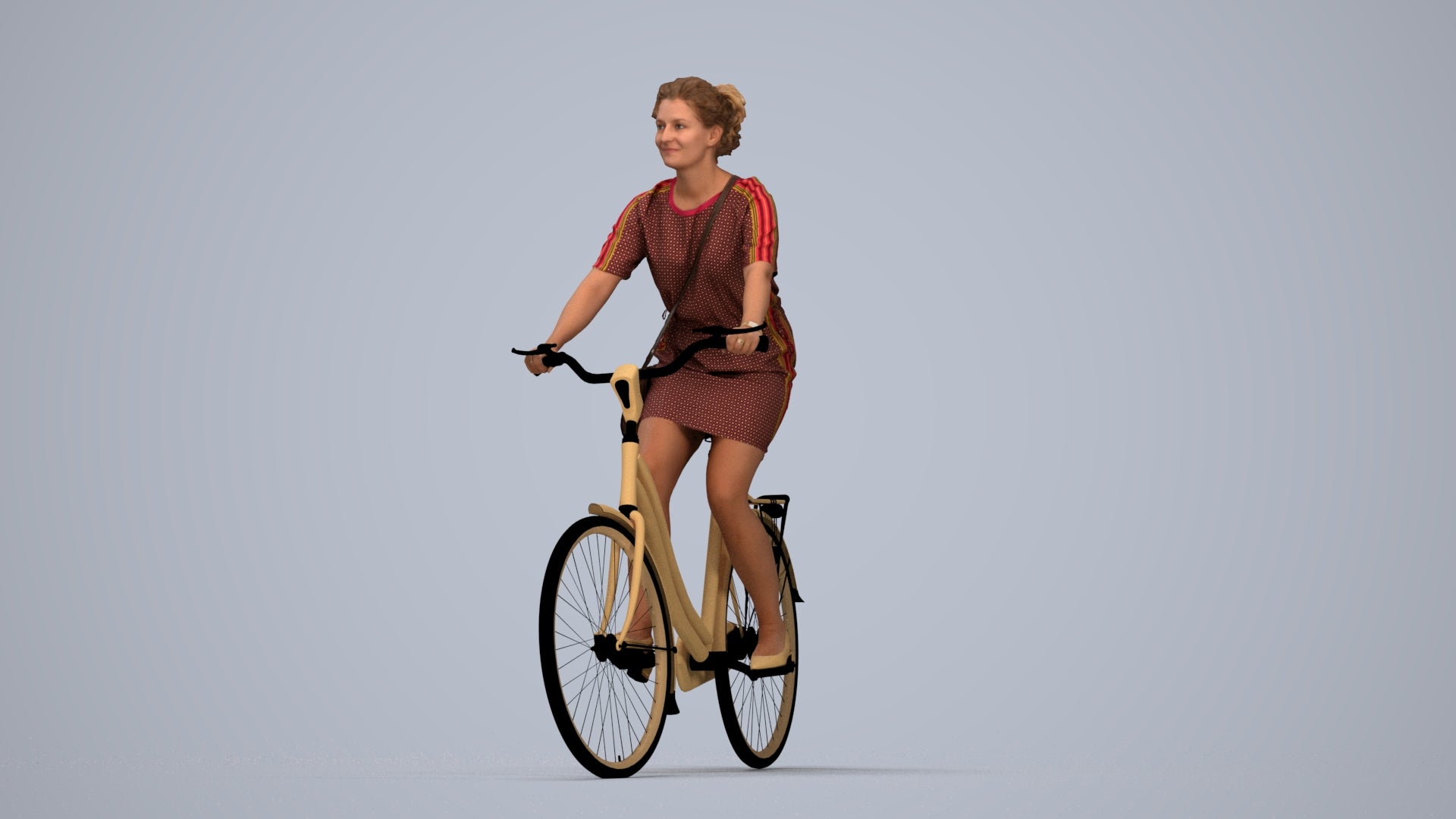 realistic 3D woman casual cycling, scanned archviz people for Blender and 3ds Max, top-down view render