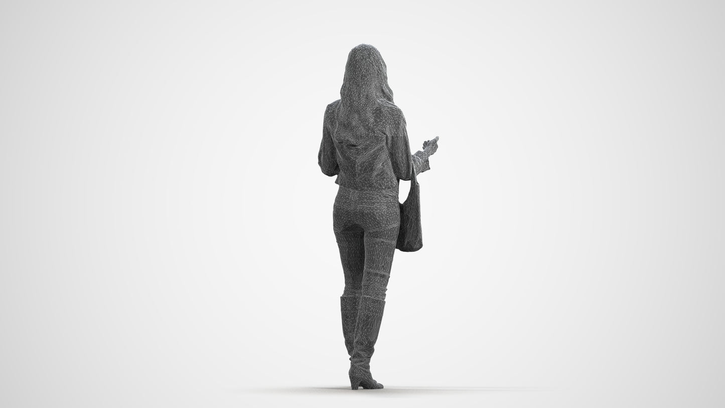 3D human model woman casual standing, photogrammetry scanned person for archviz, wireframe front view