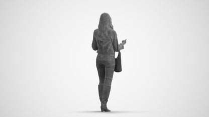 3D human model woman casual standing, photogrammetry scanned person for archviz, wireframe front view