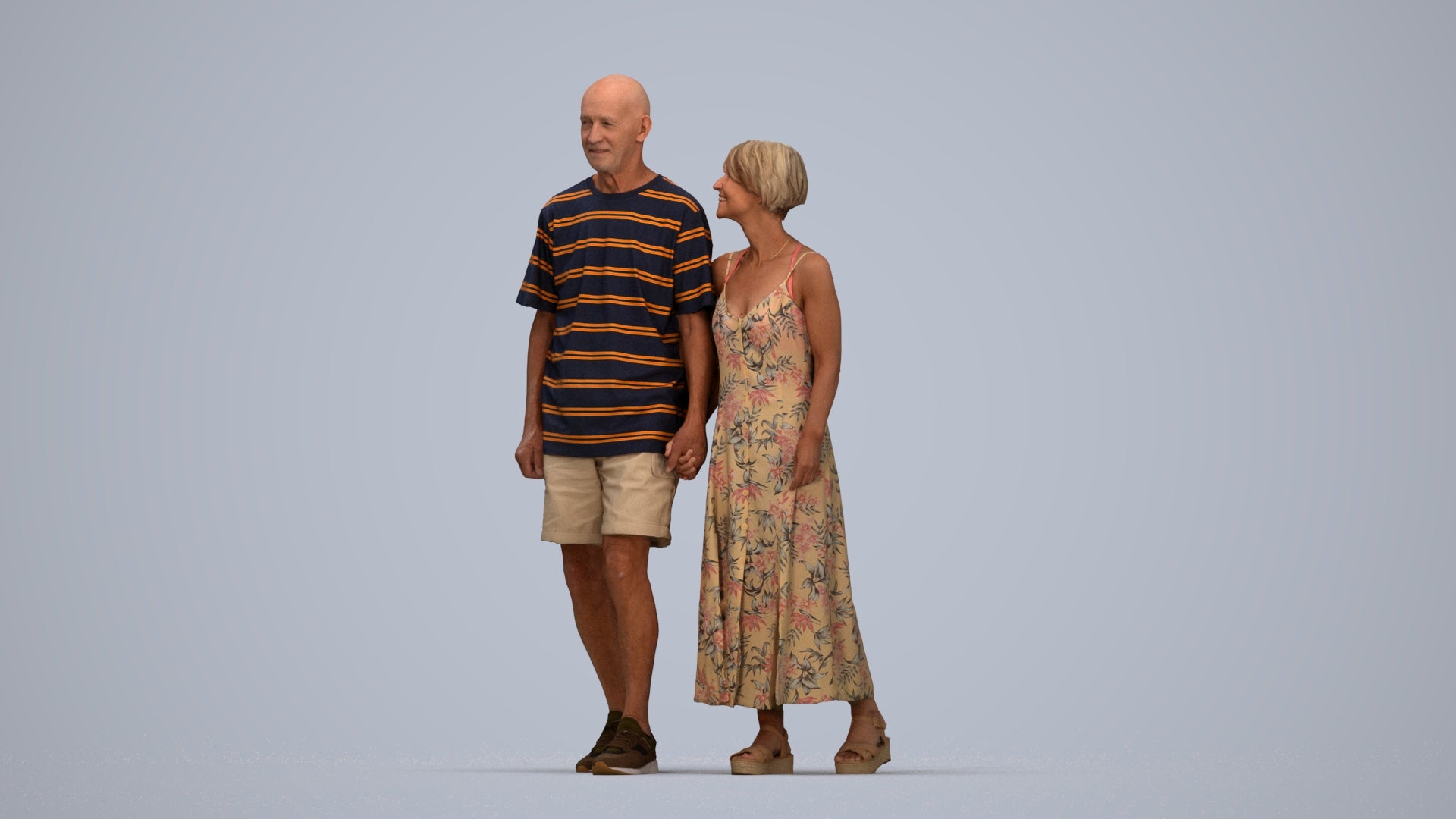 3D scanned senior woman couple casual, photorealistic archviz people for Enscape and SketchUp, top-down view render