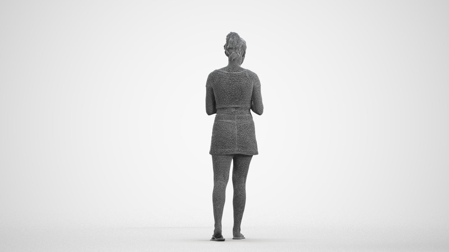realistic 3D human woman casual standing, archviz people FBX OBJ for Blender, wireframe front view